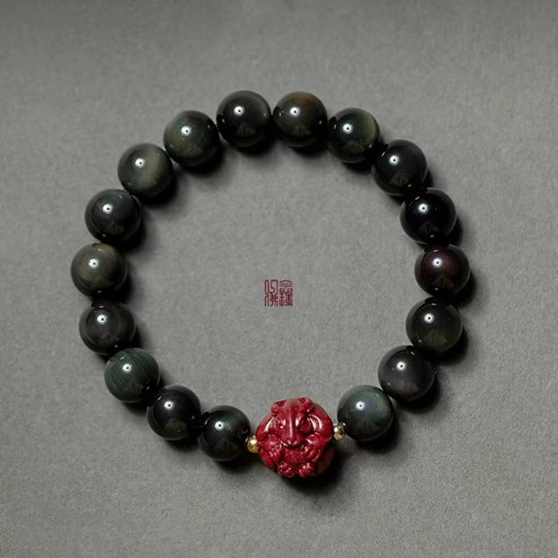 Buddha Stones, chinesisches Sternzeichen, natürliches schwarzes Obsidian-Zinnober-Reinigungsarmband