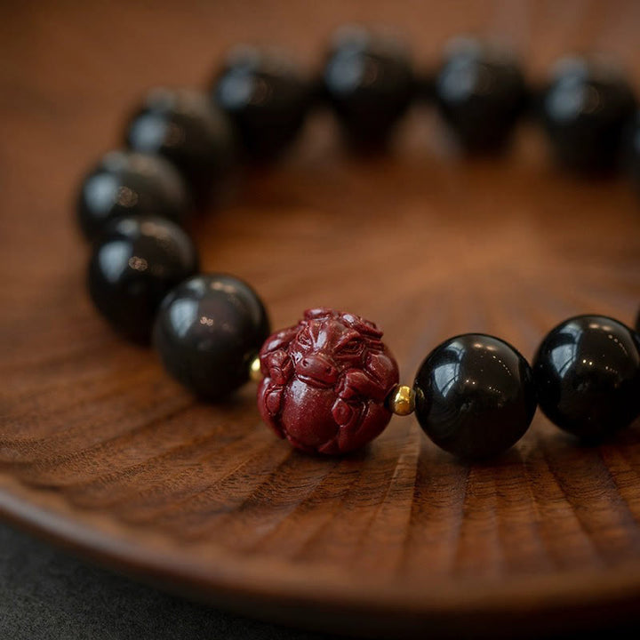 Buddha Stones, chinesisches Sternzeichen, natürliches schwarzes Obsidian-Zinnober-Reinigungsarmband