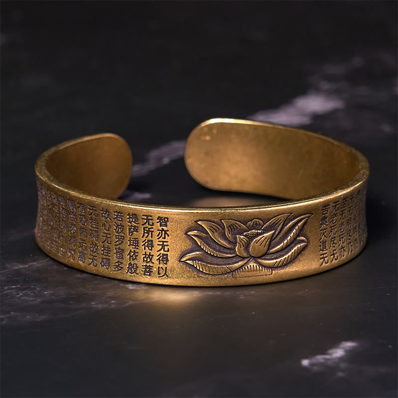 Buddha Stones Herz Sutra Lotus Blume Kupfer Messing Frieden Manschette Armband Armreif