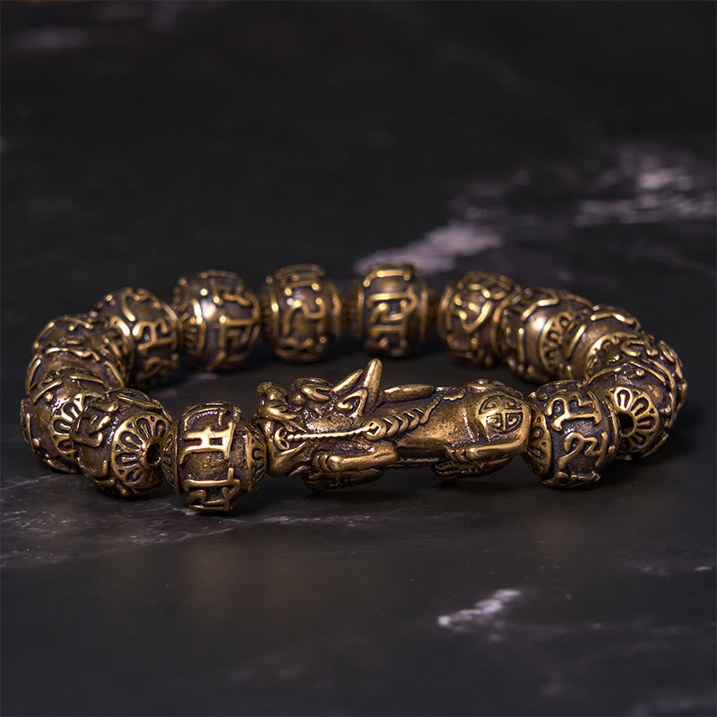 Buddha Stones Pi Xiu trägt Fu-Charakter Sechs wahre Worte „Om Mani Padme Hum“ Kupferperlen Reichtum Armband Armreif