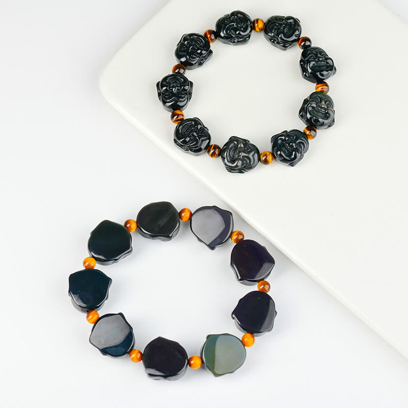 Buddha Stones Regenbogen-Obsidian Lachender Buddha Positive Transformation Armband