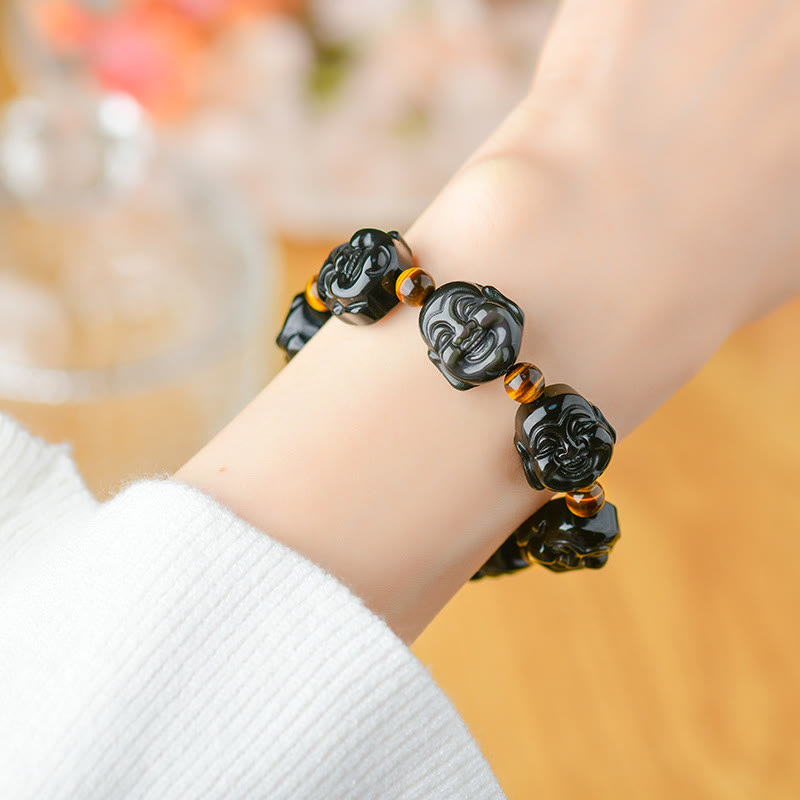 Buddha Stones Regenbogen-Obsidian Lachender Buddha Positive Transformation Armband