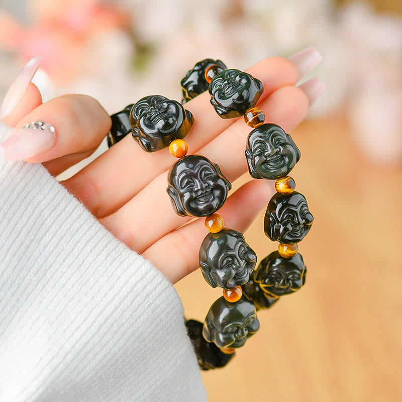 Buddha Stones Regenbogen-Obsidian Lachender Buddha Positive Transformation Armband