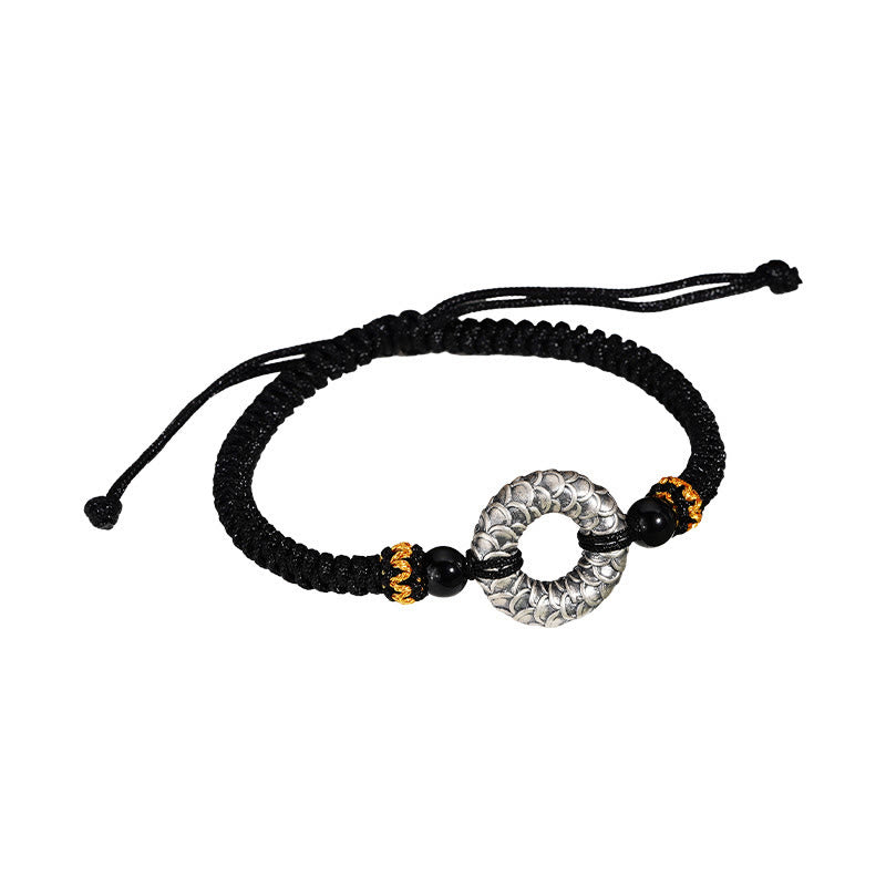 Buddha Stones Handgemachtes schwarzes Onyx 999 Sterling Silber Peace Schnalle Drache schwarze Schnur Glück geflochtenes Armband