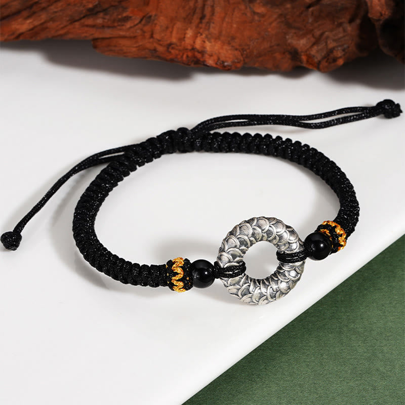 Buddha Stones Handgemachtes schwarzes Onyx 999 Sterling Silber Peace Schnalle Drache schwarze Schnur Glück geflochtenes Armband