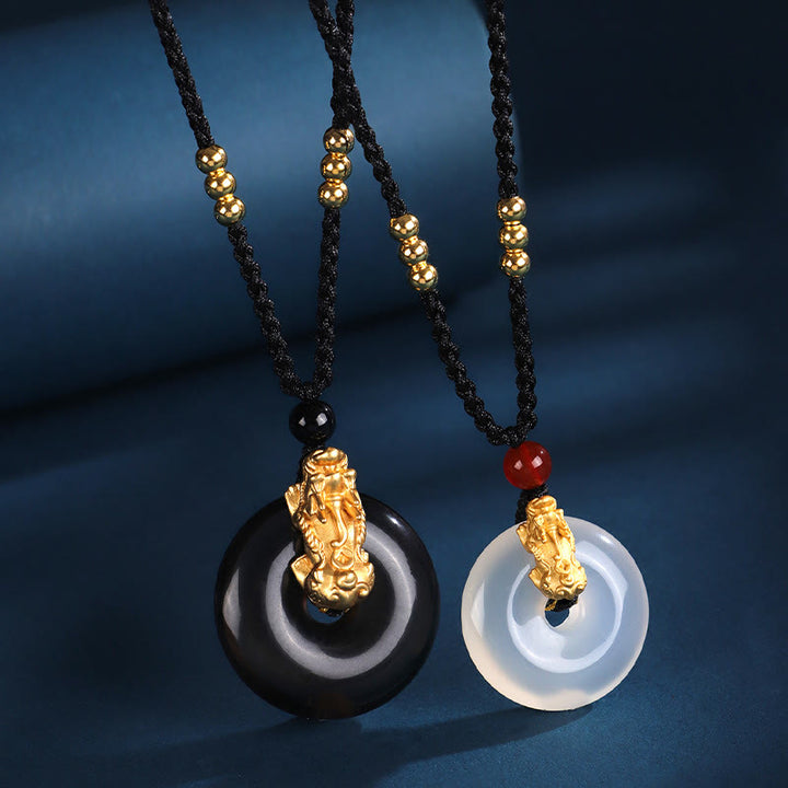 Buddha Stones, schwarzer Onyx, weißer Achat, Peace-Schnalle, 999 Sterlingsilber, Gold, PiXiu Fortune-Halskettenanhänger