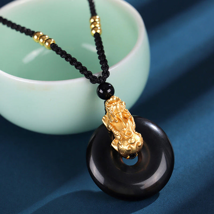 Buddha Stones, schwarzer Onyx, weißer Achat, Peace-Schnalle, 999 Sterlingsilber, Gold, PiXiu Fortune-Halskettenanhänger - Schwarzer Onyx 999 Sterling Silber Gold PiXiu (Länge: ca. 36 cm) - image 2