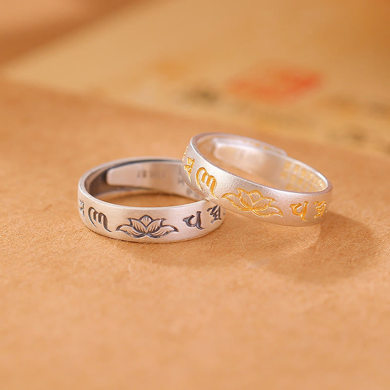 Buddha Stones 999 Sterling Silber Lotus Sechs Wahre Worte 'om Mani Padme Hum' Verstellbarer Erleuchtungsring - image 0