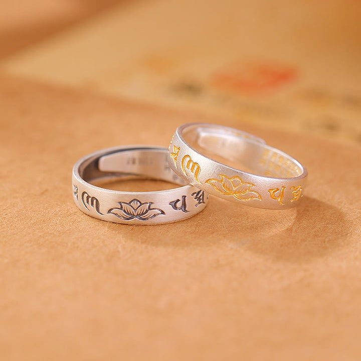 Buddha Stones 999 Sterling Silber Lotus Sechs Wahre Worte 'om Mani Padme Hum' Verstellbarer Erleuchtungsring - image 0