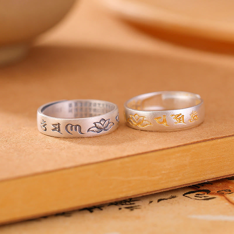 Buddha Stones 999 Sterling Silber Lotus Sechs Wahre Worte 'om Mani Padme Hum' Verstellbarer Erleuchtungsring - image 1