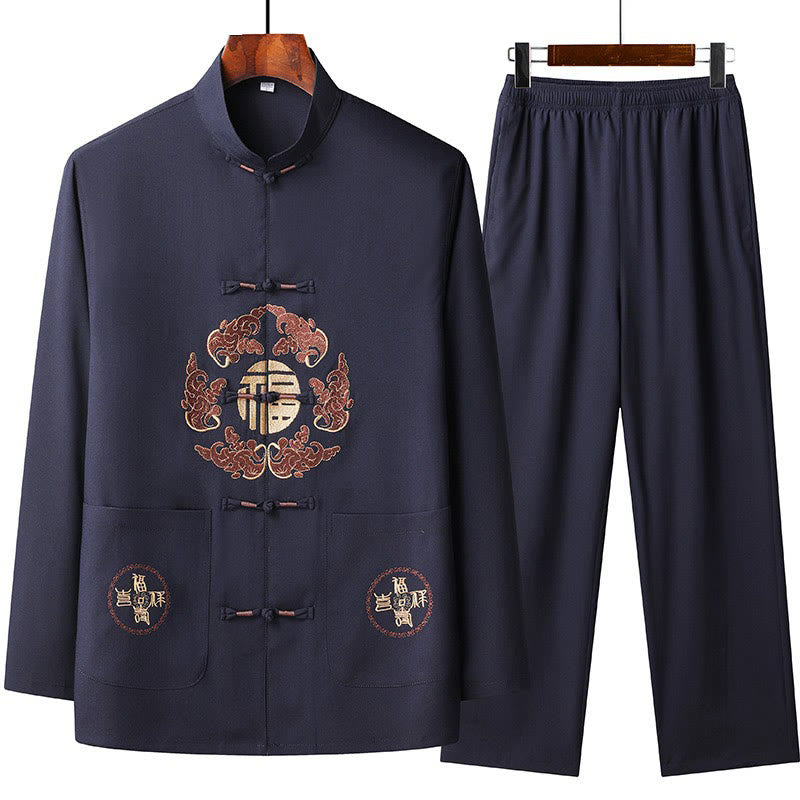 Buddha Stones, chinesisches Neujahr, bestickter Fu-Tang-Anzug, Hanfu, langärmeliges Oberteil und Hose, Kleidung für Herren - Mitternachtsblau - US/UK/AU44, EU54 (4XL) - image 2