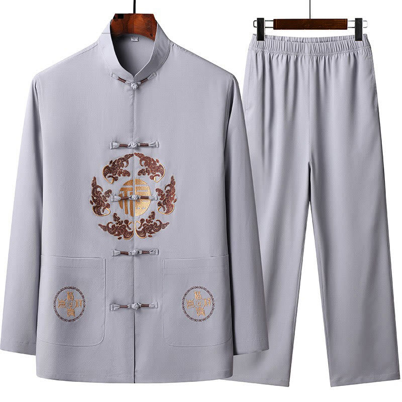 Buddha Stones, chinesisches Neujahr, bestickter Fu-Tang-Anzug, Hanfu, langärmeliges Oberteil und Hose, Kleidung für Herren - Distel - US/ UK/AU44, EU54 (4XL) - image 1