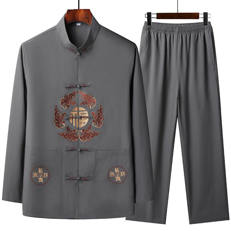 Buddha Stones, chinesisches Neujahr, bestickter Fu-Tang-Anzug, Hanfu, langärmeliges Oberteil und Hose, Kleidung für Herren - DimGray - US/UK/AU44, EU54 (4XL) - image 4