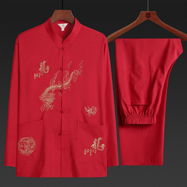 Buddha Stones, Chinesisches Neujahr, bestickter Drache, Froschknopf, Tang-Anzug, Hanfu, traditionelle Uniform, langärmeliges Oberteil und Hose, Kleidung für Herren - Rot - US/ UK/AU42, EU52 (3XL) - image 0