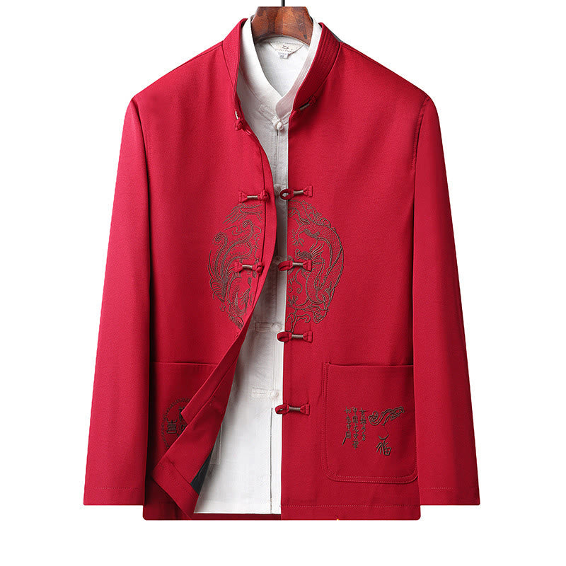 Buddha Stones, bestickter Tang-Anzug mit chinesischem Neujahrsmotiv, Hanfu, traditionelle Uniform, langärmeliges Oberteil und Hose, Kleidung für Herren - Red-Top - US/ UK/AU46, EU56 (5XL) - image 6