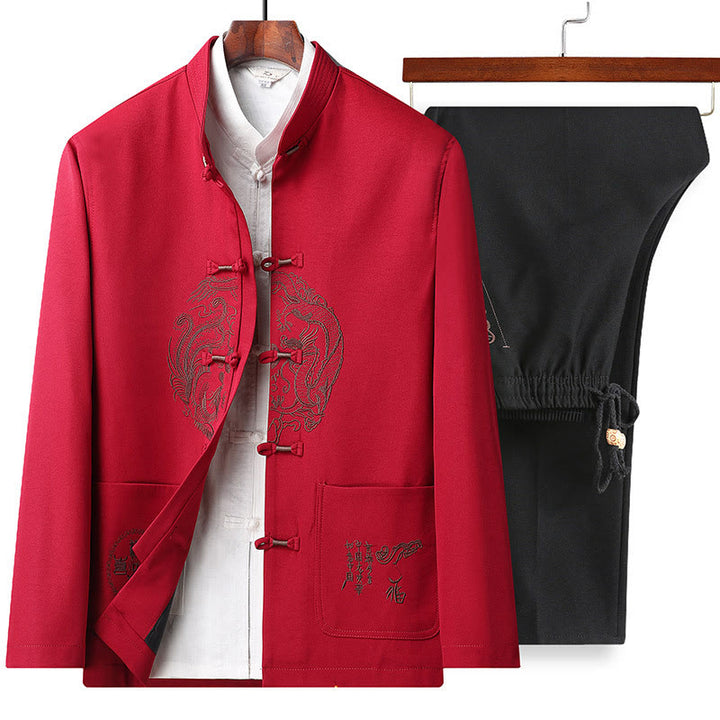 Buddha Stones, bestickter Tang-Anzug mit chinesischem Neujahrsmotiv, Hanfu, traditionelle Uniform, langärmeliges Oberteil und Hose, Kleidung für Herren - Red-Top&Pants - US/ UK/AU46, EU56 (5XL) - image 0