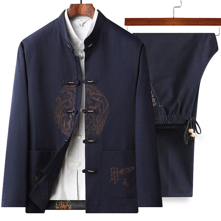 Buddha Stones, bestickter Tang-Anzug mit chinesischem Neujahrsmotiv, Hanfu, traditionelle Uniform, langärmeliges Oberteil und Hose, Kleidung für Herren - Dunkelblaues Oberteil und Hose - US/ UK/AU46, EU56 (5XL) - image 2