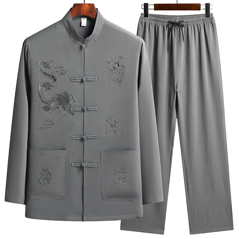 Buddha Stones, chinesisches Neujahr, bestickter Drache, Froschknopf, Tang-Anzug, Hanfu, langärmeliges Oberteil und Hose, Kleidung für Herren - DunkelMeergrün - US/ UK/AU44，EU54 (4XL) - image 15