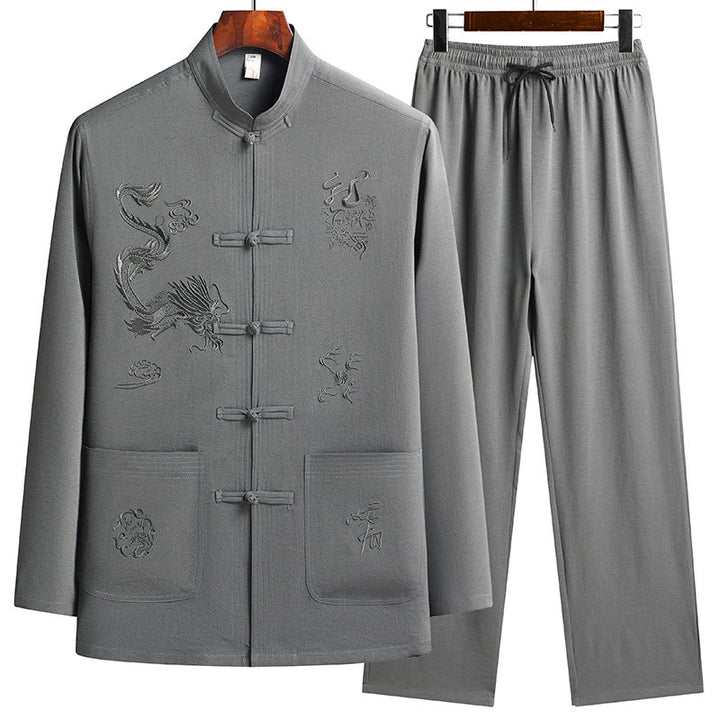 Buddha Stones, chinesisches Neujahr, bestickter Drache, Froschknopf, Tang-Anzug, Hanfu, langärmeliges Oberteil und Hose, Kleidung für Herren - DunkelMeergrün - US/ UK/AU44，EU54 (4XL) - image 15