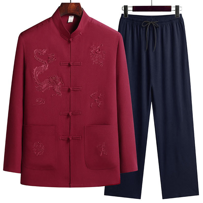 Buddha Stones, chinesisches Neujahr, bestickter Drache, Froschknopf, Tang-Anzug, Hanfu, langärmeliges Oberteil und Hose, Kleidung für Herren - Rot - US/ UK/AU44，EU54 (4XL) - image 0