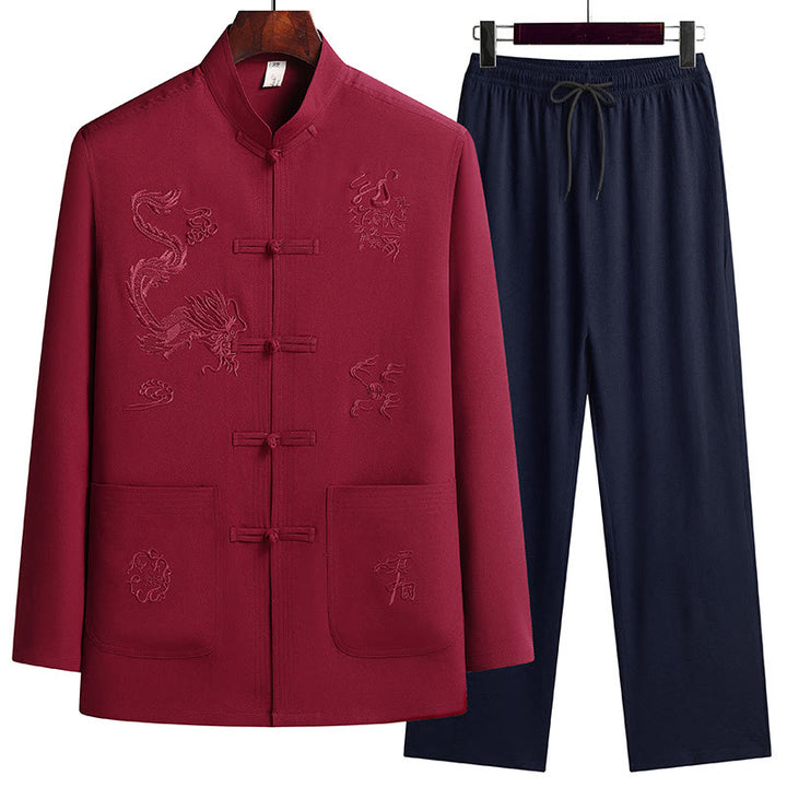Buddha Stones, chinesisches Neujahr, bestickter Drache, Froschknopf, Tang-Anzug, Hanfu, langärmeliges Oberteil und Hose, Kleidung für Herren - Rot - US/ UK/AU44，EU54 (4XL) - image 0