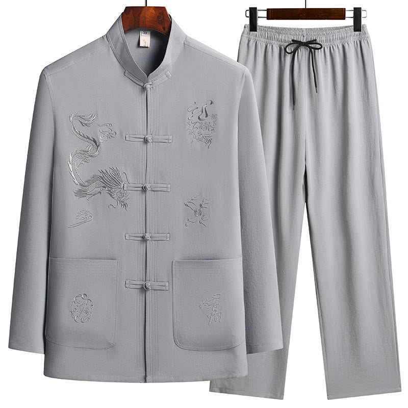 Buddha Stones, chinesisches Neujahr, bestickter Drache, Froschknopf, Tang-Anzug, Hanfu, langärmeliges Oberteil und Hose, Kleidung für Herren - Dunkelgrau - US/ UK/AU44，EU54 (4XL) - image 10