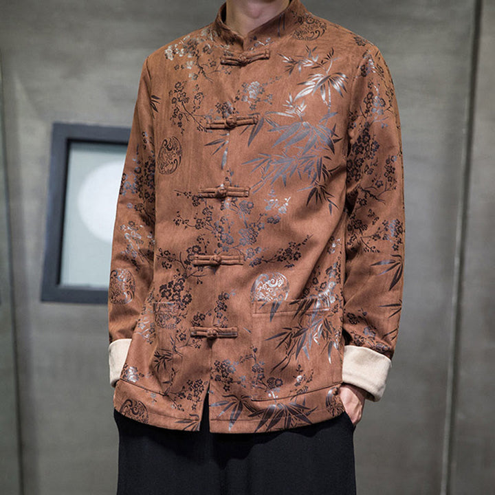 Buddha Stones, chinesische Neujahrskleidung, Blumen, Bambus, einfarbige Manschettenknöpfe, Tang-Anzug, Baumwolle, Herrenjacke, Hemd mit Taschen - Sattelbraun - US/ UK/AU46，EU56 (5XL) - image 10
