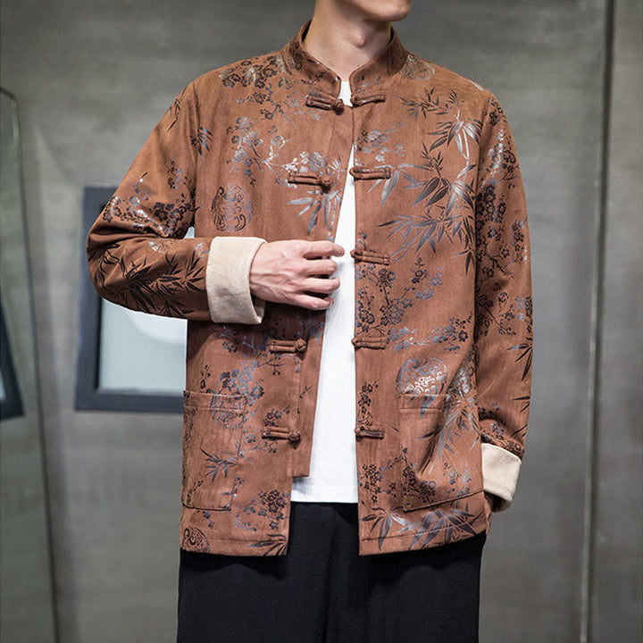 Buddha Stones, chinesische Neujahrskleidung, Blumen, Bambus, einfarbige Manschettenknöpfe, Tang-Anzug, Baumwolle, Herrenjacke, Hemd mit Taschen - image 12