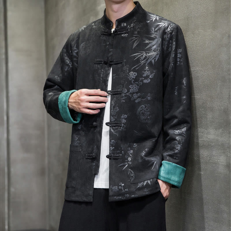 Buddha Stones, chinesische Neujahrskleidung, Blumen, Bambus, einfarbige Manschettenknöpfe, Tang-Anzug, Baumwolle, Herrenjacke, Hemd mit Taschen - image 26