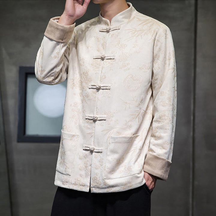 Buddha Stones, chinesische Neujahrskleidung, Blumen, Bambus, einfarbige Manschettenknöpfe, Tang-Anzug, Baumwolle, Herrenjacke, Hemd mit Taschen - Beige - US/ UK/AU46, EU56 (5XL) - image 43