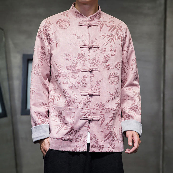 Buddha Stones, chinesische Neujahrskleidung, Blumen, Bambus, einfarbige Manschettenknöpfe, Tang-Anzug, Baumwolle, Herrenjacke, Hemd mit Taschen - Rosa - US/ UK/AU46, EU56 (5XL) - image 33