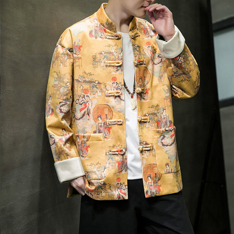 Buddha Stones, chinesische Neujahrskleidung, antike Figurenmalerei, einfarbige Manschettenknöpfe, Tang-Anzug, Baumwolle, Herrenjacke, Hemd mit Taschen - image 14