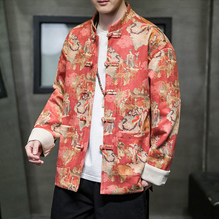 Buddha Stones, chinesische Neujahrskleidung, antike Figurenmalerei, einfarbige Manschettenknöpfe, Tang-Anzug, Baumwolle, Herrenjacke, Hemd mit Taschen - Orangerot - US/ UK/AU46, EU56 (5XL) - image 0