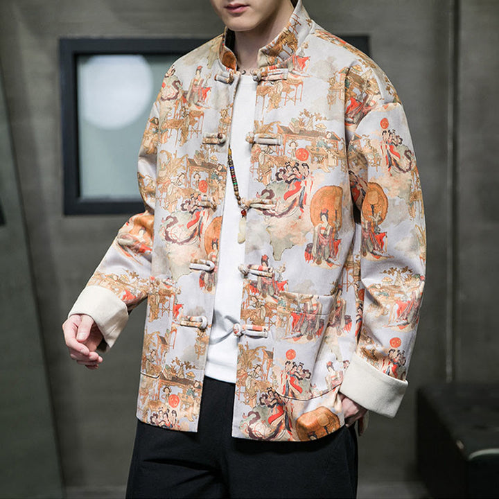 Buddha Stones, chinesische Neujahrskleidung, antike Figurenmalerei, einfarbige Manschettenknöpfe, Tang-Anzug, Baumwolle, Herrenjacke, Hemd mit Taschen - image 21