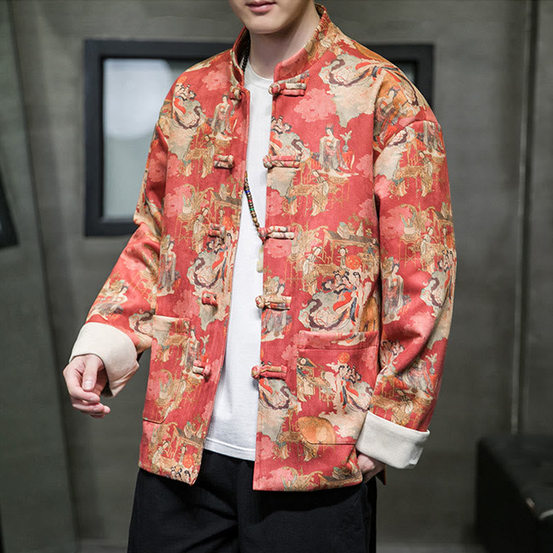 Buddha Stones, chinesische Neujahrskleidung, antike Figurenmalerei, einfarbige Manschettenknöpfe, Tang-Anzug, Baumwolle, Herrenjacke, Hemd mit Taschen - Orangerot - US/ UK/AU46, EU56 (5XL) - image 0