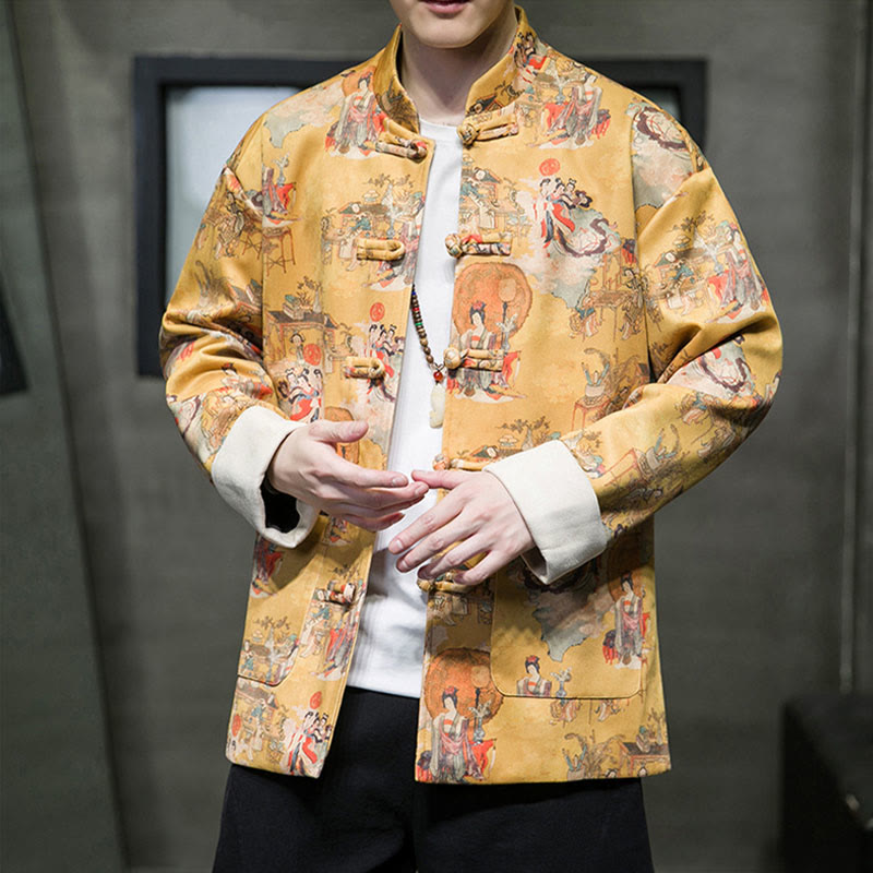 Buddha Stones, chinesische Neujahrskleidung, antike Figurenmalerei, einfarbige Manschettenknöpfe, Tang-Anzug, Baumwolle, Herrenjacke, Hemd mit Taschen - image 9