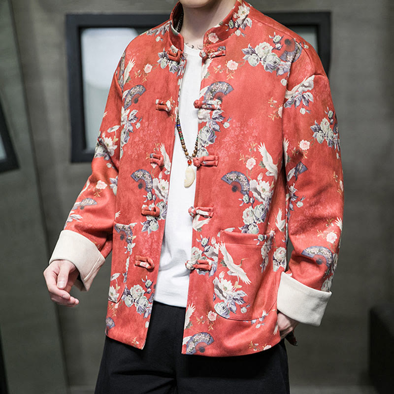 Buddha Stones, chinesische Neujahrskleidung, Blumen, Fächer, Vögel, Froschknopf, Tang-Anzug, Baumwolle, Herrenjacke, Hemd mit Taschen - image 1