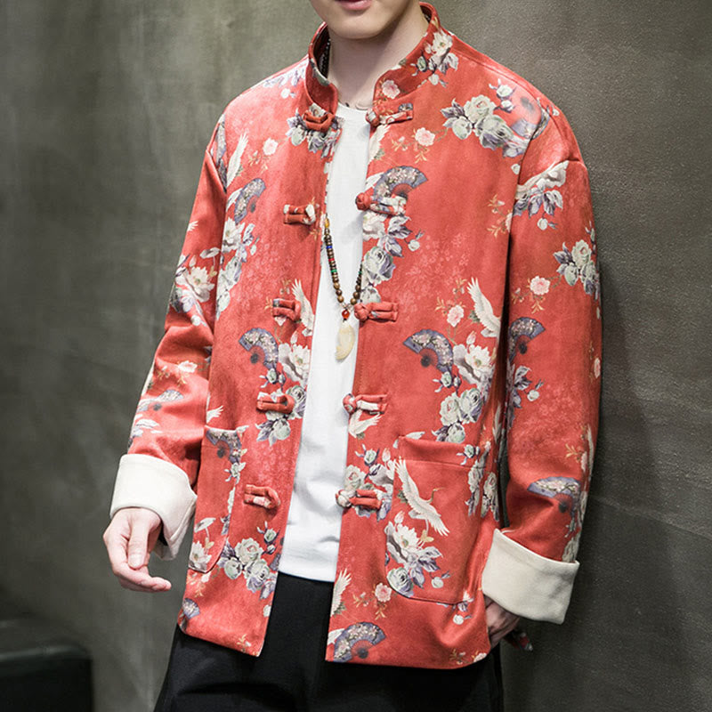 Buddha Stones, chinesische Neujahrskleidung, Blumen, Fächer, Vögel, Froschknopf, Tang-Anzug, Baumwolle, Herrenjacke, Hemd mit Taschen - image 3