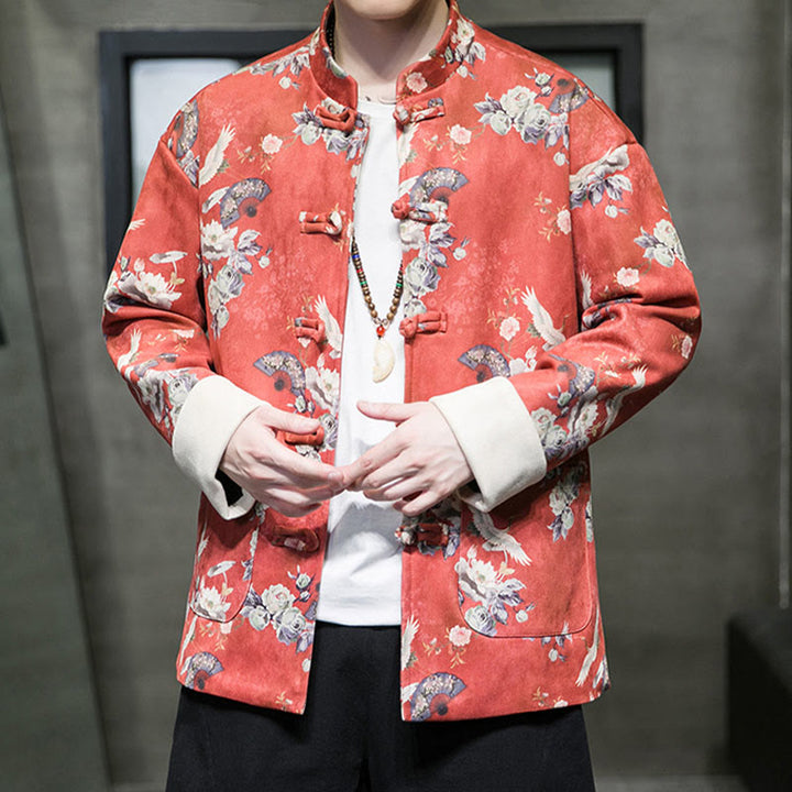 Buddha Stones, chinesische Neujahrskleidung, Blumen, Fächer, Vögel, Froschknopf, Tang-Anzug, Baumwolle, Herrenjacke, Hemd mit Taschen - image 2