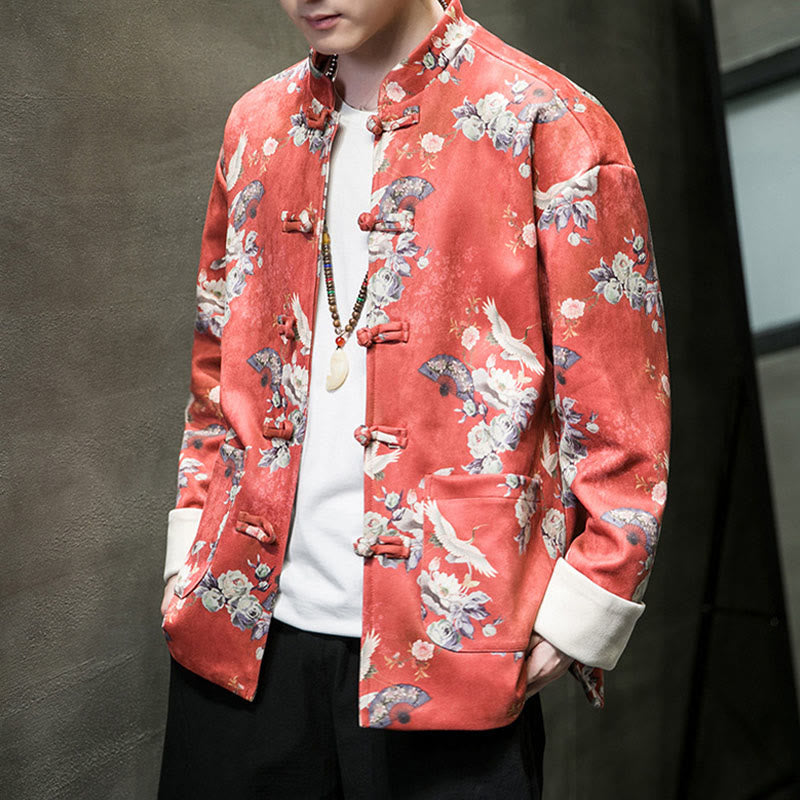 Buddha Stones, chinesische Neujahrskleidung, Blumen, Fächer, Vögel, Froschknopf, Tang-Anzug, Baumwolle, Herrenjacke, Hemd mit Taschen - image 5