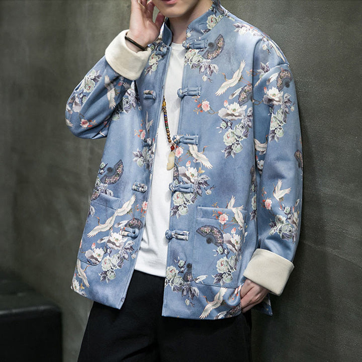 Buddha Stones, chinesische Neujahrskleidung, Blumen, Fächer, Vögel, Froschknopf, Tang-Anzug, Baumwolle, Herrenjacke, Hemd mit Taschen - image 11