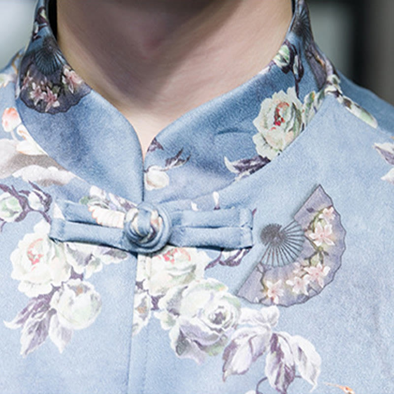 Buddha Stones, chinesische Neujahrskleidung, Blumen, Fächer, Vögel, Froschknopf, Tang-Anzug, Baumwolle, Herrenjacke, Hemd mit Taschen - image 16