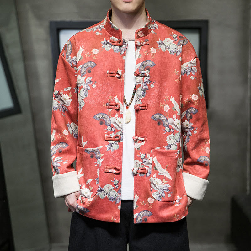 Buddha Stones, chinesische Neujahrskleidung, Blumen, Fächer, Vögel, Froschknopf, Tang-Anzug, Baumwolle, Herrenjacke, Hemd mit Taschen - OrangeRot - US/ UK/AU46，EU56 (5XL) - image 0