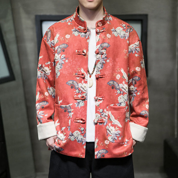 Buddha Stones, chinesische Neujahrskleidung, Blumen, Fächer, Vögel, Froschknopf, Tang-Anzug, Baumwolle, Herrenjacke, Hemd mit Taschen - OrangeRot - US/ UK/AU46，EU56 (5XL) - image 0