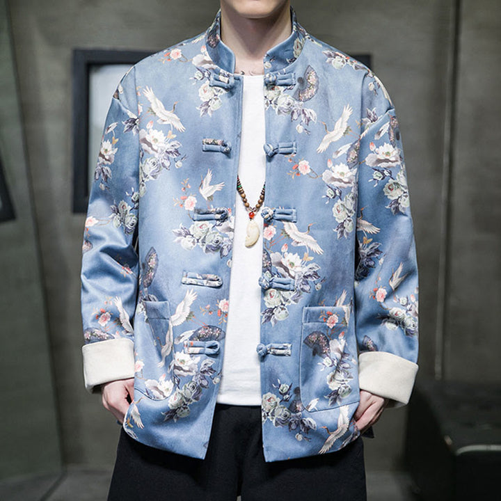 Buddha Stones, chinesische Neujahrskleidung, Blumen, Fächer, Vögel, Froschknopf, Tang-Anzug, Baumwolle, Herrenjacke, Hemd mit Taschen - HellHimmelBlau - US/ UK/AU46，EU56 (5XL) - image 8
