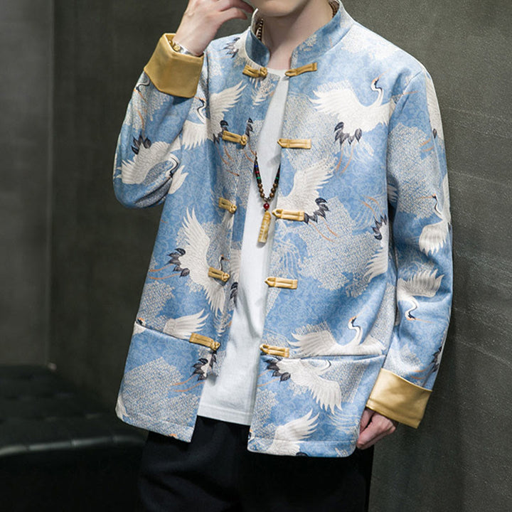 Buddha Stones, chinesische Neujahrskleidung, weißer Kranich, goldener Tang-Anzug mit Froschknöpfen, Baumwolle, Herrenjacke, Hemd mit Taschen - image 4