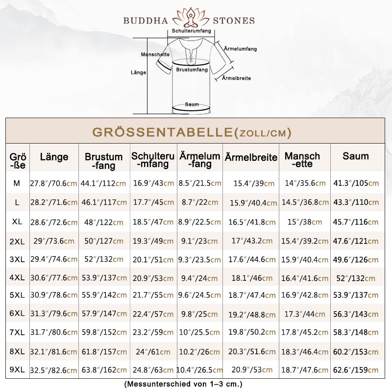 Buddha Stones Herren-T-Shirt, einfarbig, kurzärmlig, V-Kragen, drei Knöpfe, weiches Baumwollhemd