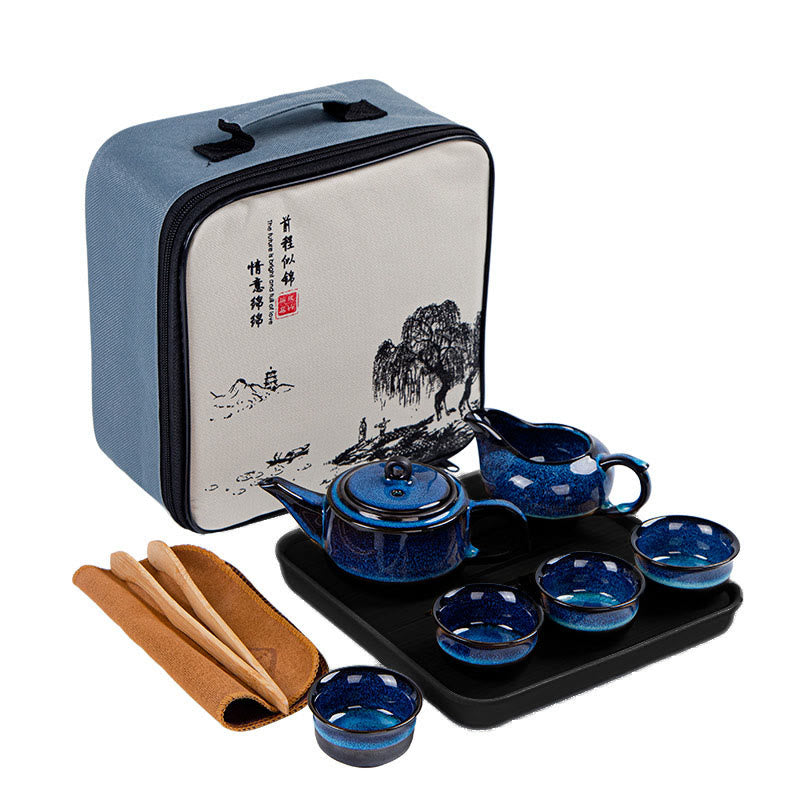 Buddha Stones, blauer Farbverlauf, chinesischer Gongfu-Tee, Keramik-Teekanne, tragbares Geschenkbeutel-Box-Set - 1 Teekanne + 4 Tassen + 1 Kanne + Tablett + Beutel - image 0