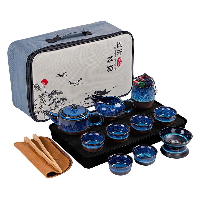 Buddha Stones, blauer Farbverlauf, chinesischer Gongfu-Tee, Keramik-Teekanne, tragbares Geschenkbeutel-Box-Set