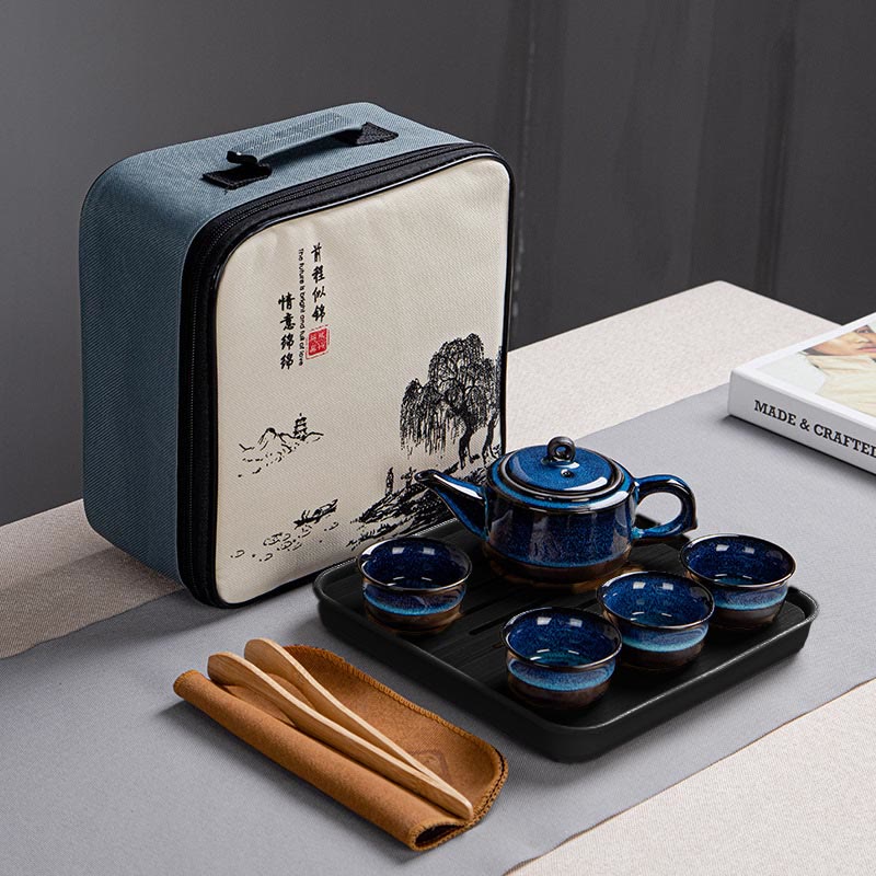 Buddha Stones, blauer Farbverlauf, chinesischer Gongfu-Tee, Keramik-Teekanne, tragbares Geschenkbeutel-Box-Set - 1 Teekanne + 4 Tassen + Tablett + Beutel - image 8